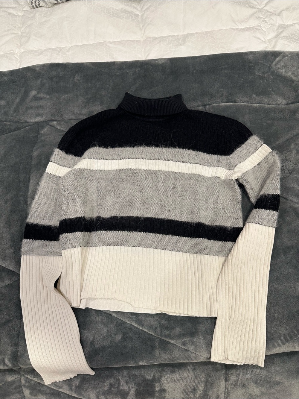 Theory Striped Black, Gray & Cream Turtleneck Sweater